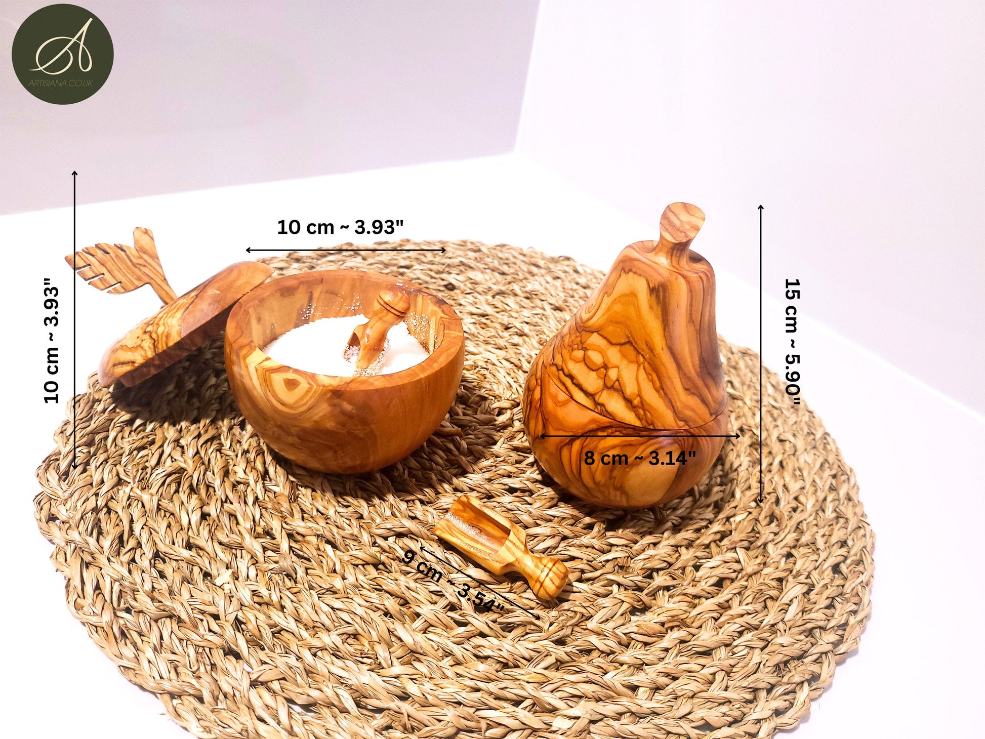 Set of olive wood Apple and pear shaped sugar bowls with spice scoops, spice bowls, handmade, natural, gift