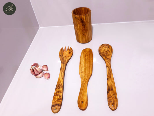 Set of 3 Olive Wood Kitchen Cooking & Serving Utensils Spork, Spoon, Spatula W/ Round Utensil Holder