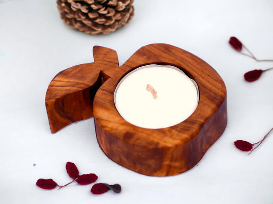 Olive Wood Apple Shaped Candle Holder