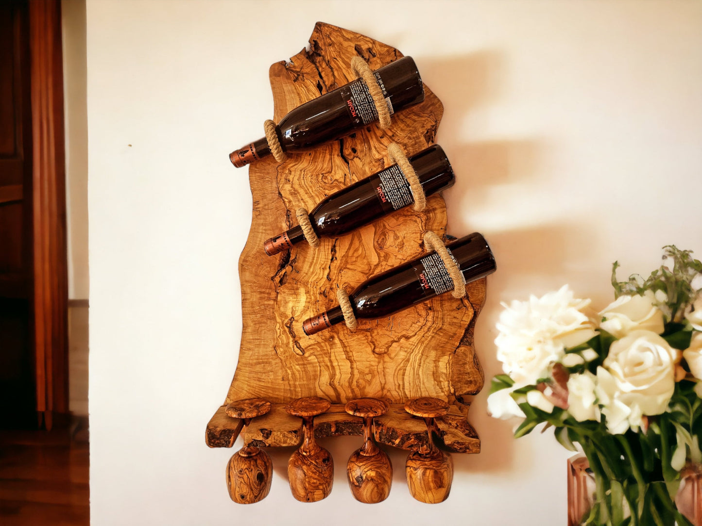 Olive Wood Wall Mounted Wooden Wine Bottle Holder Rack W/ Wooden Goblet Cups