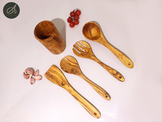 Wooden kitchen set, Round Utensil Holder, Kitchen Utensils, salad server, Ladle, spatula, restaurant, chef, gift