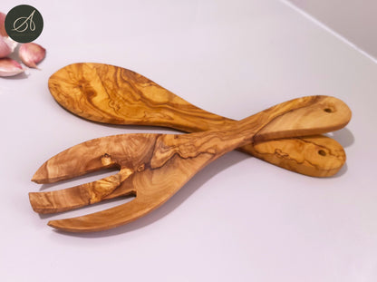 Set of olive wood hand carved Bowl and a salad server, kitchen set, handmade, cutlery, decor, gift