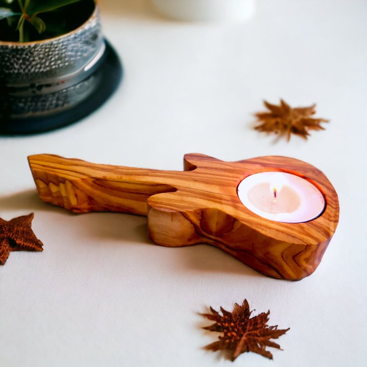 Olive Wood Guitar Shape Tealight Candle Holder 15 cm