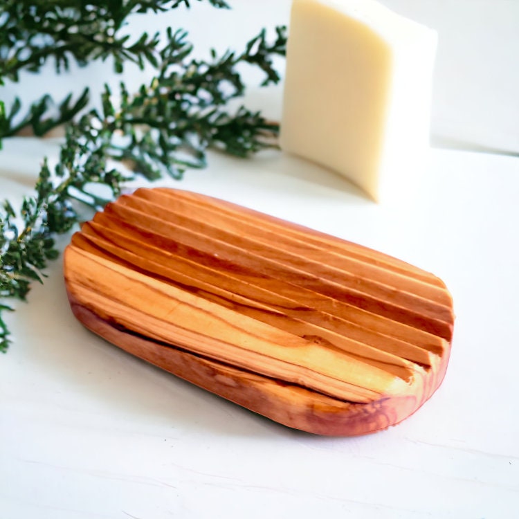 Olive Wood Wooden Non-Slip Self Drain Soap Bar Holder Dish 12 cm