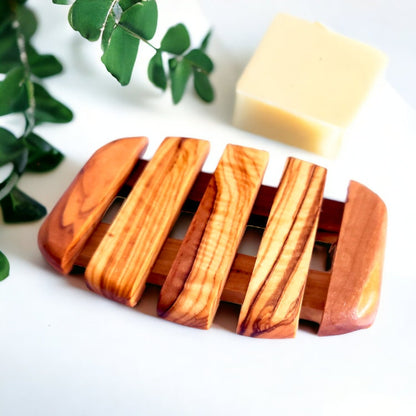 Olive Wood Wooden Non-Slip Self Drain Soap Bar Holder Dish 12 cm