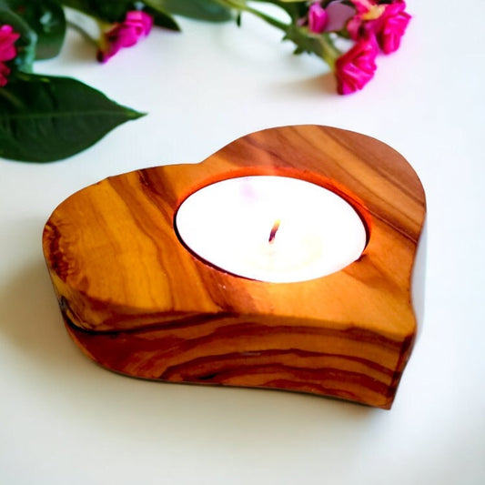 Olive Wood Heart Shaped Wooden Tealight Candle Holder 8 cm Valentines Airbnb Hotel Host Welcome Decor