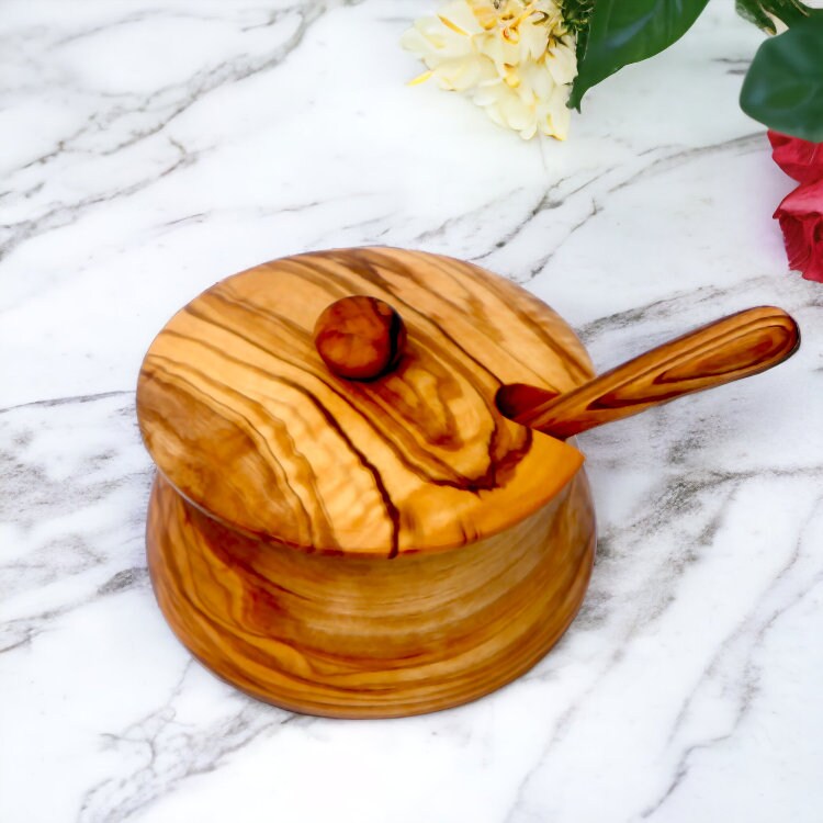 Olive Wood Handcrafted Tea Coffee Sugar Bowl W/ Spoon And Lid