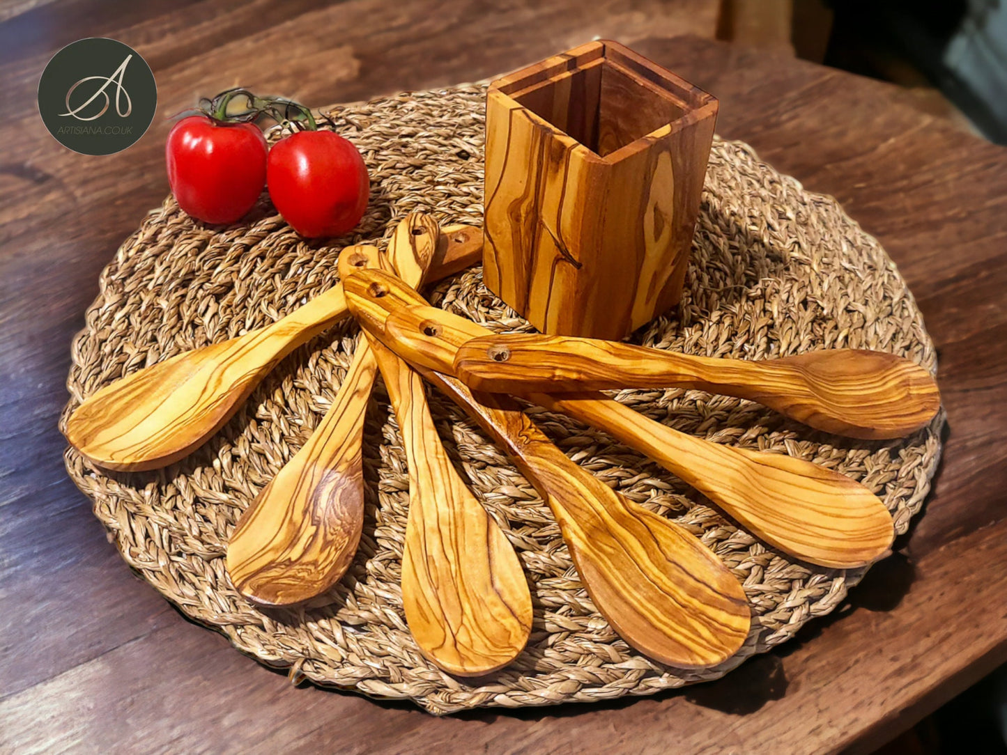 Wooden Utensils Set, Olive Wood Spoon Holder with 6 spoons 20 cm, kitchen utensils, cookware, handmade, decor, gift, restaurant