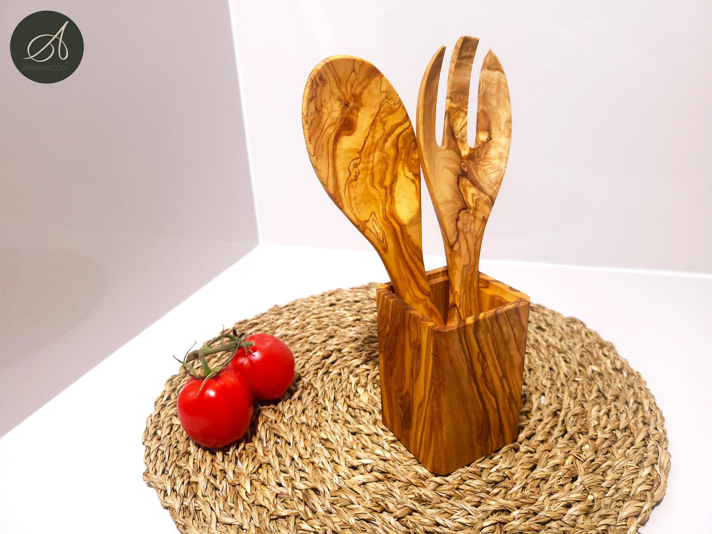 Wooden Set of cutlery and Utensil Holder, Olive Wood salad server with holder, Kitchen Utensils, spoon, fork, cutlery, handmade, gift