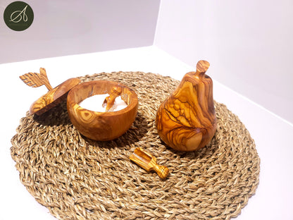 Set of olive wood Apple and pear shaped sugar bowls with spice scoops, spice bowls, handmade, natural, gift