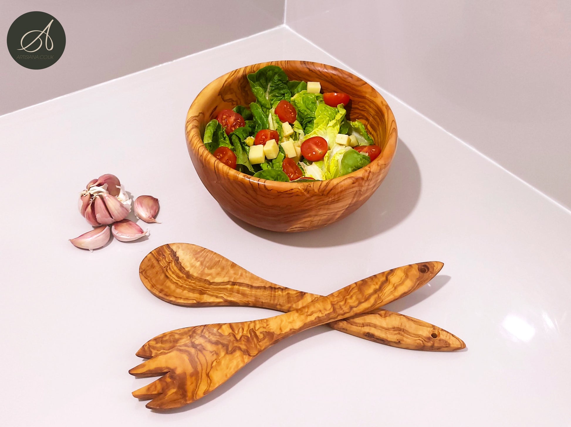 Set of olive wood Salad Bowl and a cutlery, kitchen set, salad server, salad bowl, Sustainably Sourced, Eco-Friendly, handmade, gift