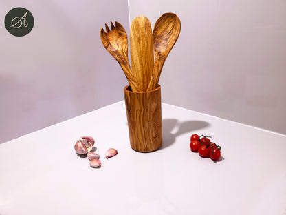 Set of 3 Olive Wood Kitchen Cooking & Serving Utensils Spork, Spoon, Spatula W/ Round Utensil Holder