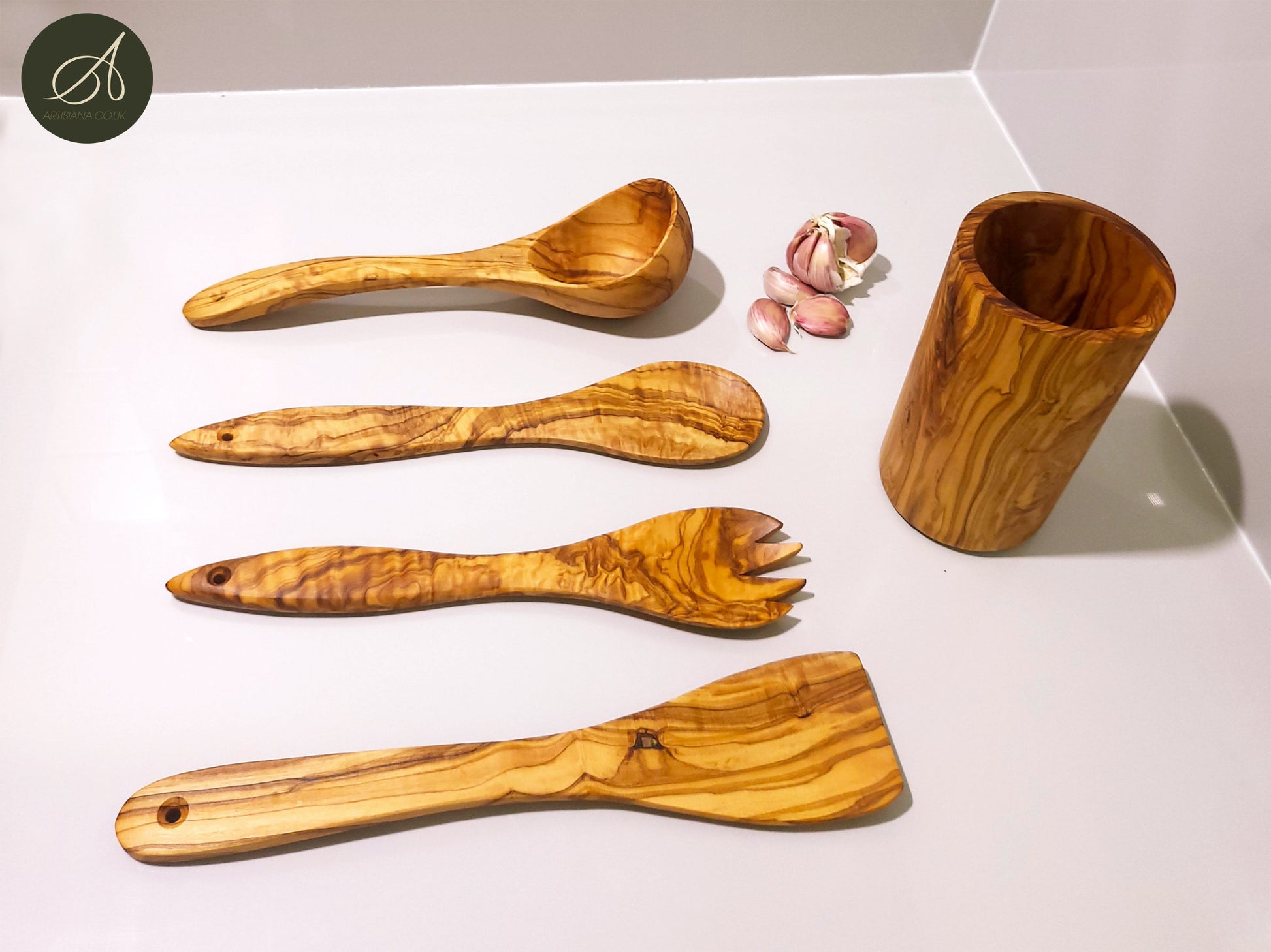 Wooden kitchen set, Olive wood set, Round Utensil Holder, Kitchen Utensils, salad server, Ladle, spatula, restaurant, chef, gift, handmade