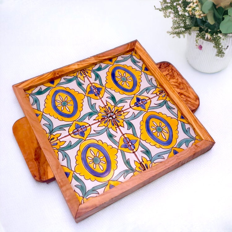 Olive Wood Square Olive Wood Ceramic Tray with Handle 20cm * 20cm