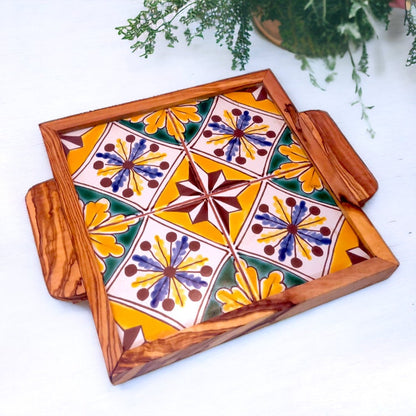 Olive Wood Square Olive Wood Ceramic Tray with Handle 20cm * 20cm