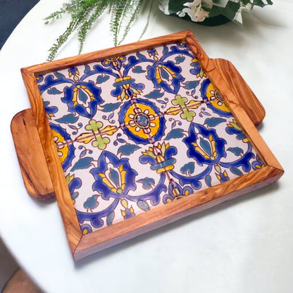 Olive Wood Square Olive Wood Ceramic Tray with Handle 20cm * 20cm