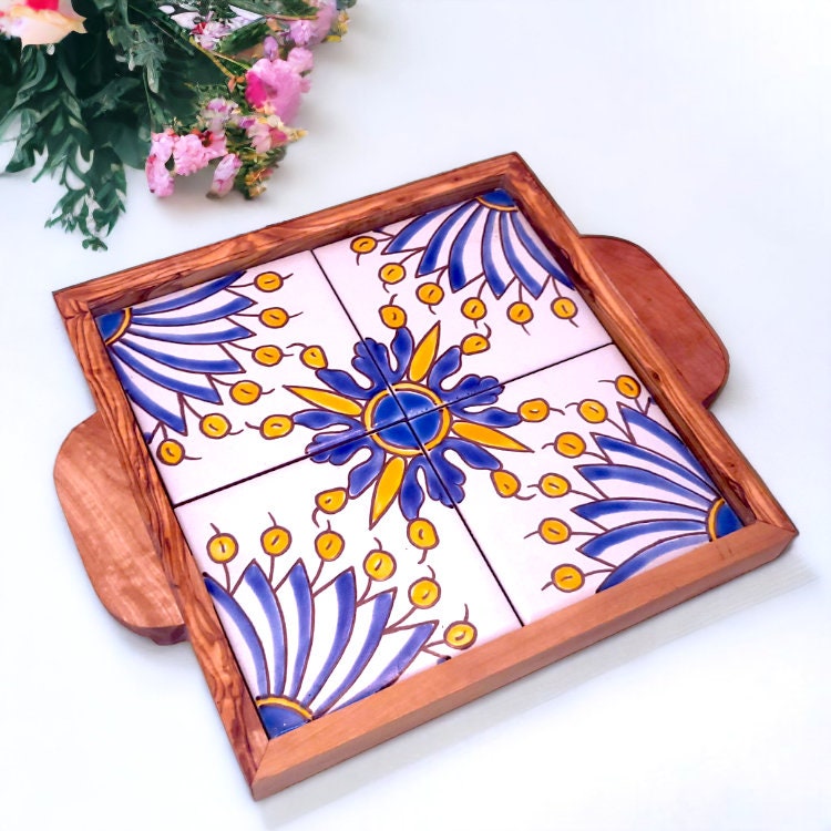 Olive Wood Square Olive Wood Ceramic Tray with Handle 20cm * 20cm