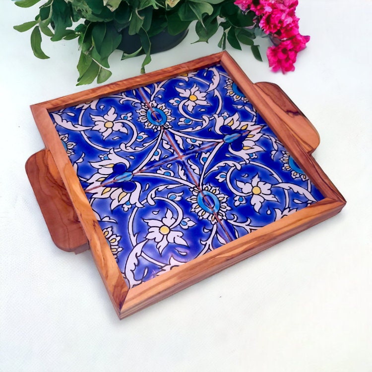 Olive Wood Square Olive Wood Ceramic Tray with Handle 20cm * 20cm