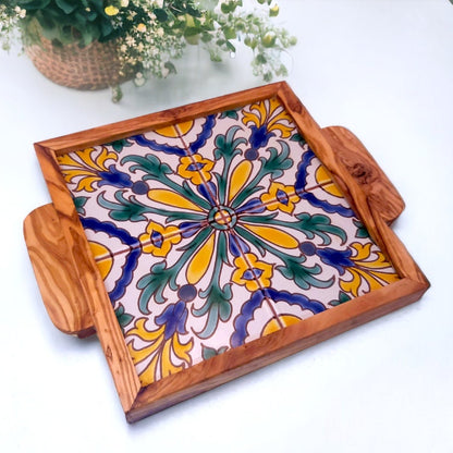 Olive Wood Square Olive Wood Ceramic Tray with Handle 20cm * 20cm