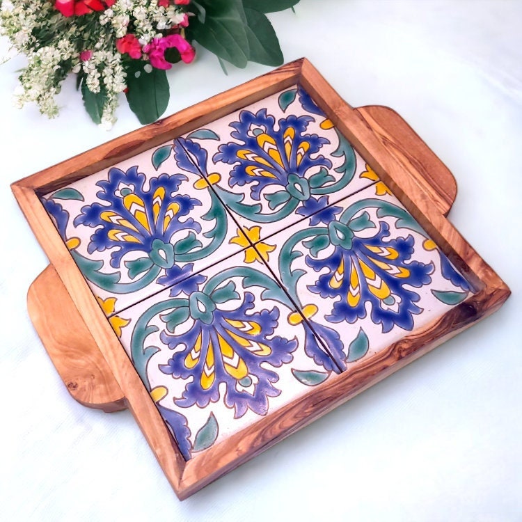 Olive Wood Square Olive Wood Ceramic Tray with Handle 20cm * 20cm