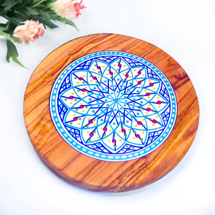 Olive Wood Handcrafted Round Wooden Ceramic Serving Tray/Coaster | Multiple Styles