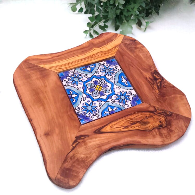 Small Rustic Olive Wood Ceramic Restaurant Serving Tray