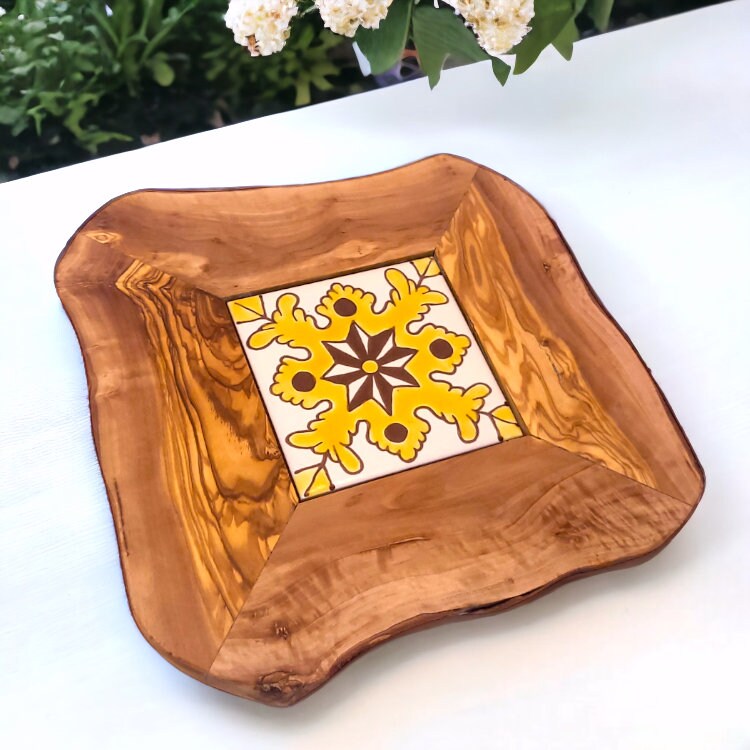 Small Rustic Olive Wood Ceramic Restaurant Serving Tray