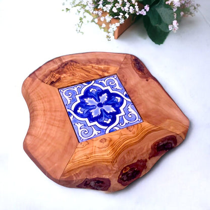 Small Rustic Olive Wood Ceramic Restaurant Serving Tray