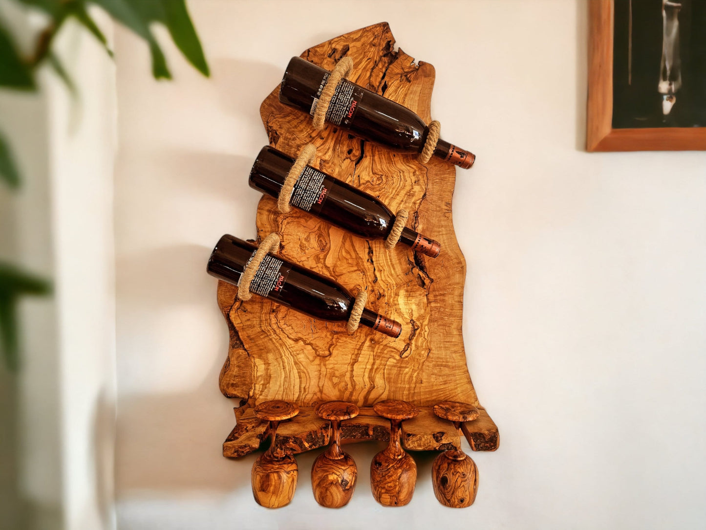 Olive Wood Wall Mounted Wooden Wine Bottle Holder Rack W/ Wooden Goblet Cups