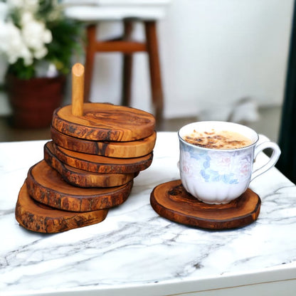 Olive Wood Rustic Coaster Set of 6 with Holder 12 cm