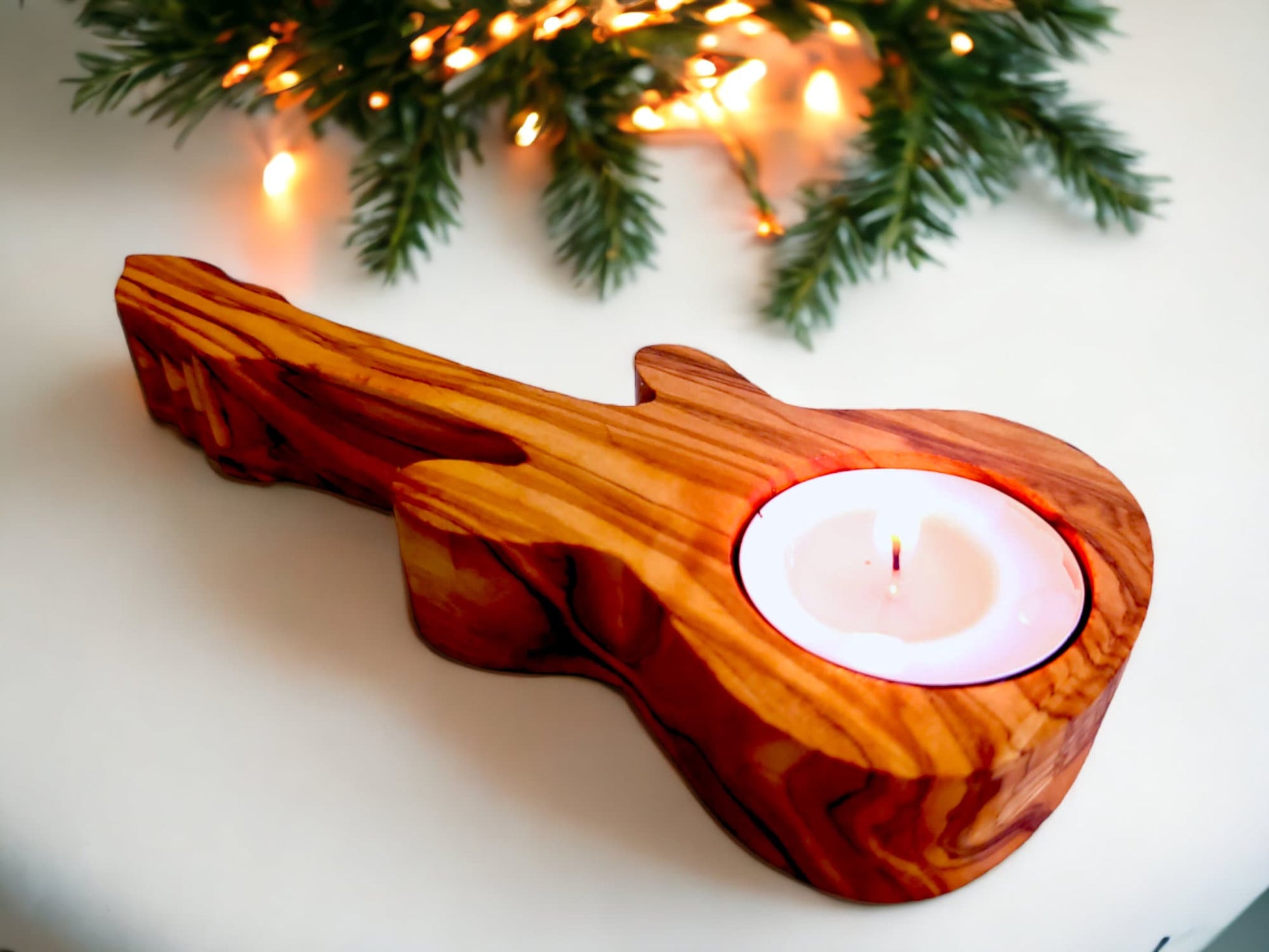 Olive Wood Guitar Shape Tealight Candle Holder 15 cm