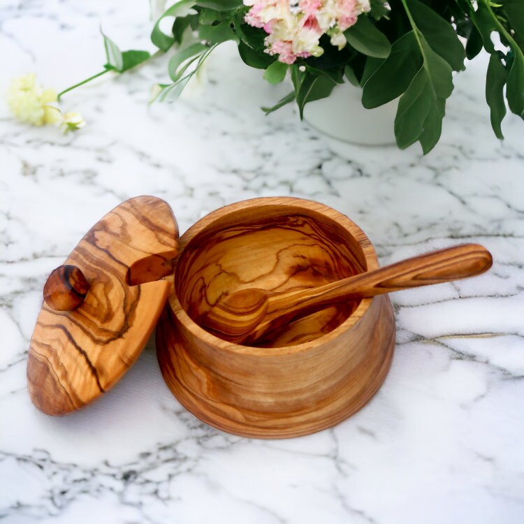 Olive Wood Handcrafted Tea Coffee Sugar Bowl W/ Spoon And Lid