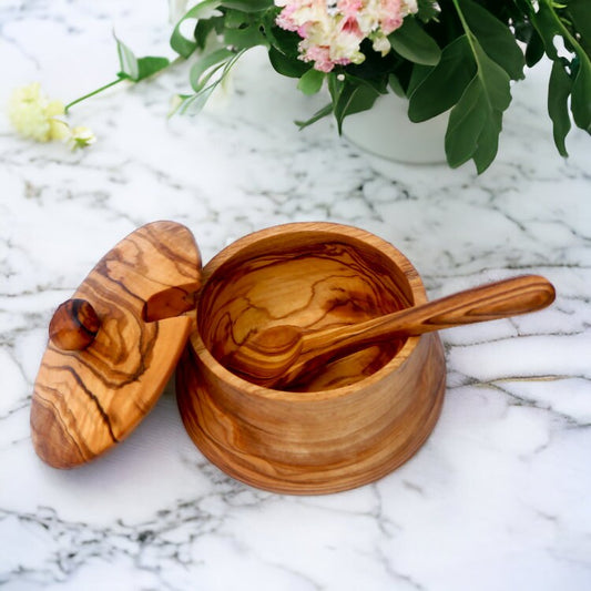 Olive Wood Handcrafted Tea Coffee Sugar Bowl W/ Spoon And Lid