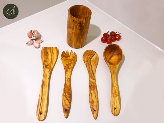 Wooden kitchen set, Olive wood set, Round Utensil Holder, Kitchen Utensils, salad server, Ladle, spatula, restaurant, chef, gift, handmade