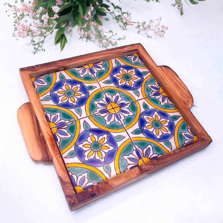 Olive Wood Square Olive Wood Ceramic Tray with Handle 20cm * 20cm