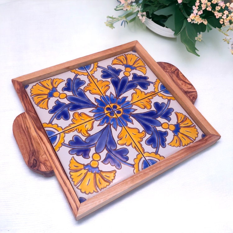 Olive Wood Square Olive Wood Ceramic Tray with Handle 20cm * 20cm