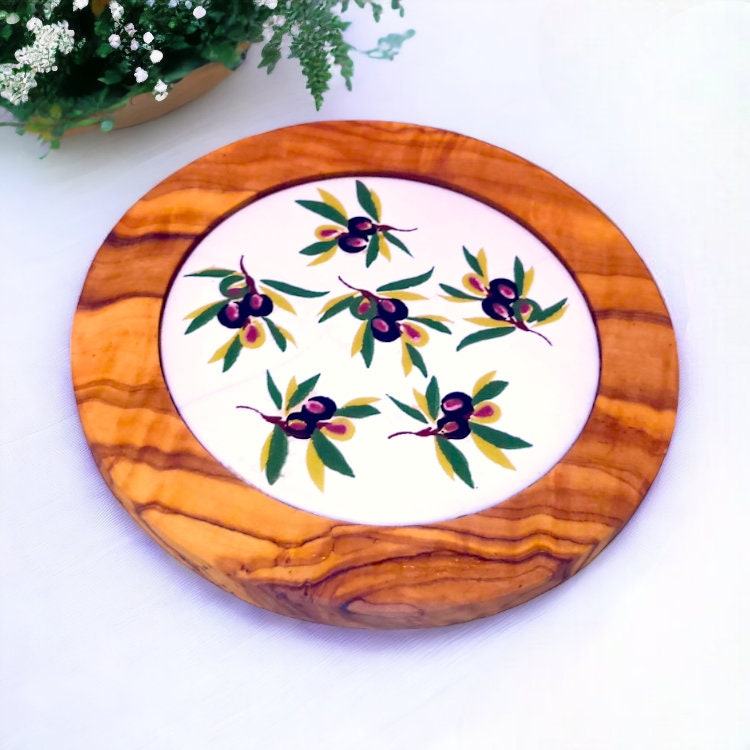 Olive Wood Handcrafted Round Wooden Ceramic Serving Tray/Coaster | Multiple Styles