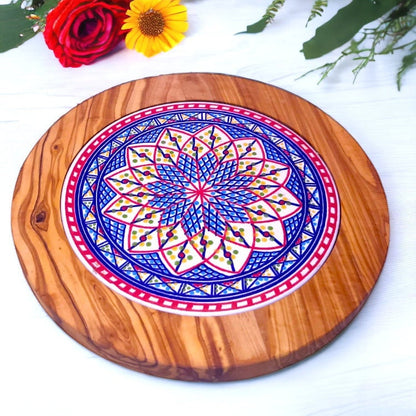 Olive Wood Handcrafted Round Wooden Ceramic Serving Tray/Coaster | Multiple Styles