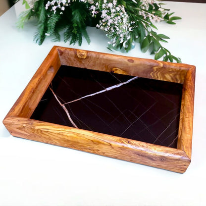 Olive Wood Rectangular Olive Wood Ceramic Tray with Handle 40 cm * 25 cm