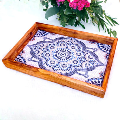 Olive Wood Rectangular Olive Wood Marble effect Tray with Handle