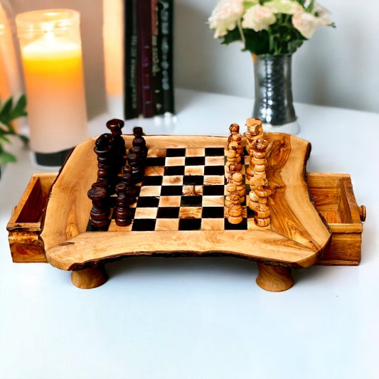 Olive Wood Chess Board with Two Drawers