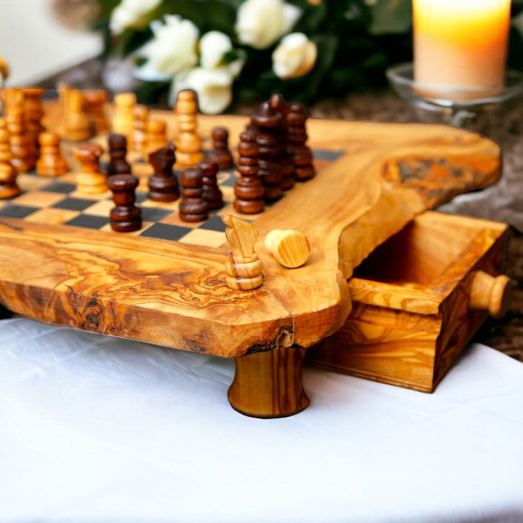 Olive Wood Chess Board with Two Drawers