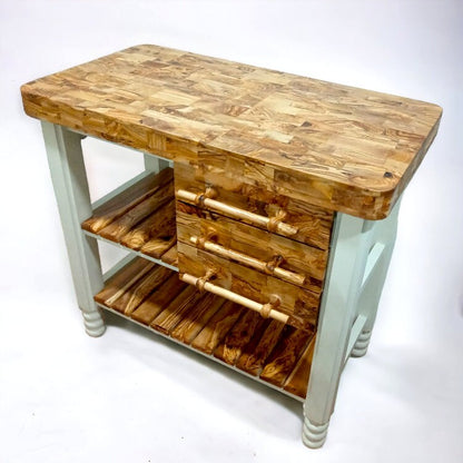 Olive Wood Table Butcher Block, Kitchen Butcher Block, small Kitchen island, Kitchen Cart with 3 drawers