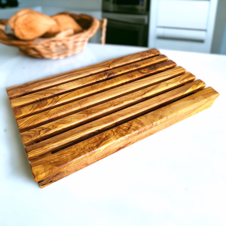 Olive wood Handcrafted Bread Cutting Board With Removable Slotted Cutting Grill And Base Serving Tray Crumb Catcher | Various Sizes