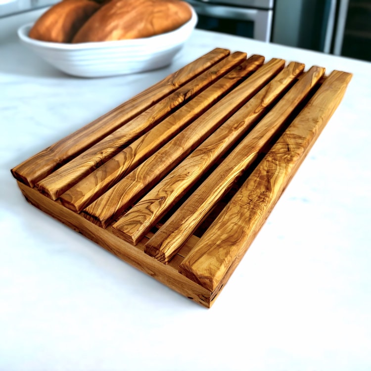 Olive wood Handcrafted Bread Cutting Board With Removable Slotted Cutting Grill And Base Serving Tray Crumb Catcher | Various Sizes