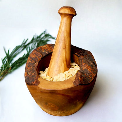 Olive Wood Natural Style Pestle & Mortar | Garlic, Herb, Seed Crusher | Unique Housewarming Kitchen Gift Idea | Various Sizes