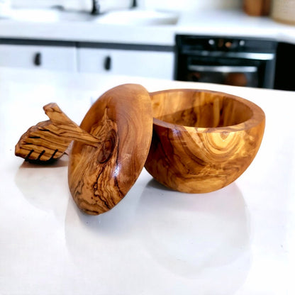 Set of olive wood Apple and pear shaped sugar bowls with spice scoops, spice bowls, handmade, natural, gift