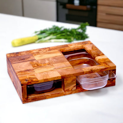 Olive Wood End Grain Cutting Board W/ 2 Containers