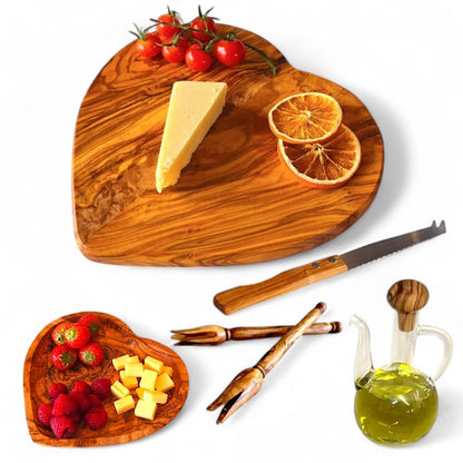 Olive wood Set for cheese lover, heart board and dish, olive picker, cheese knife, knife holder