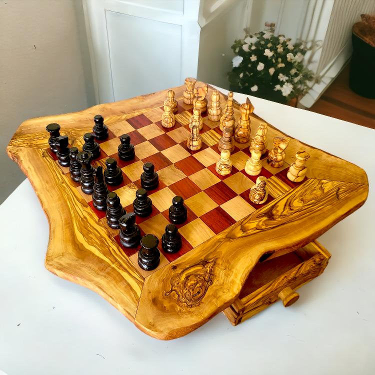 Olive Wood Chess Board with Two Drawers